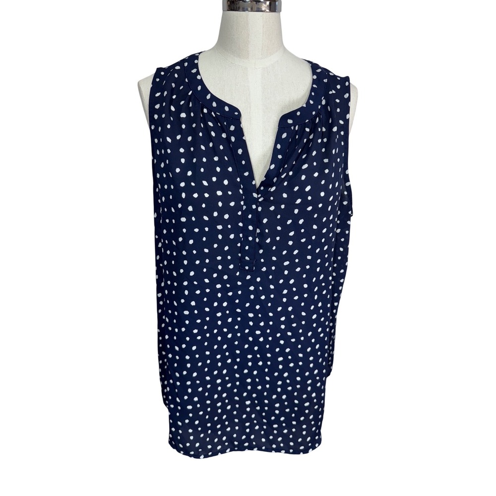 41 Hawthorn L Blue Sleeveless Blouse Women's Polka Dot‎ Split Neck